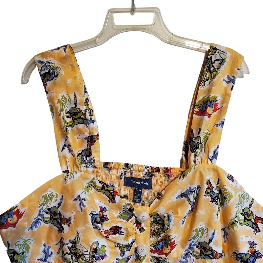 Modcloth Cropped Yellow Western Scene Sleeveless Blouse - Picture 3 of 15